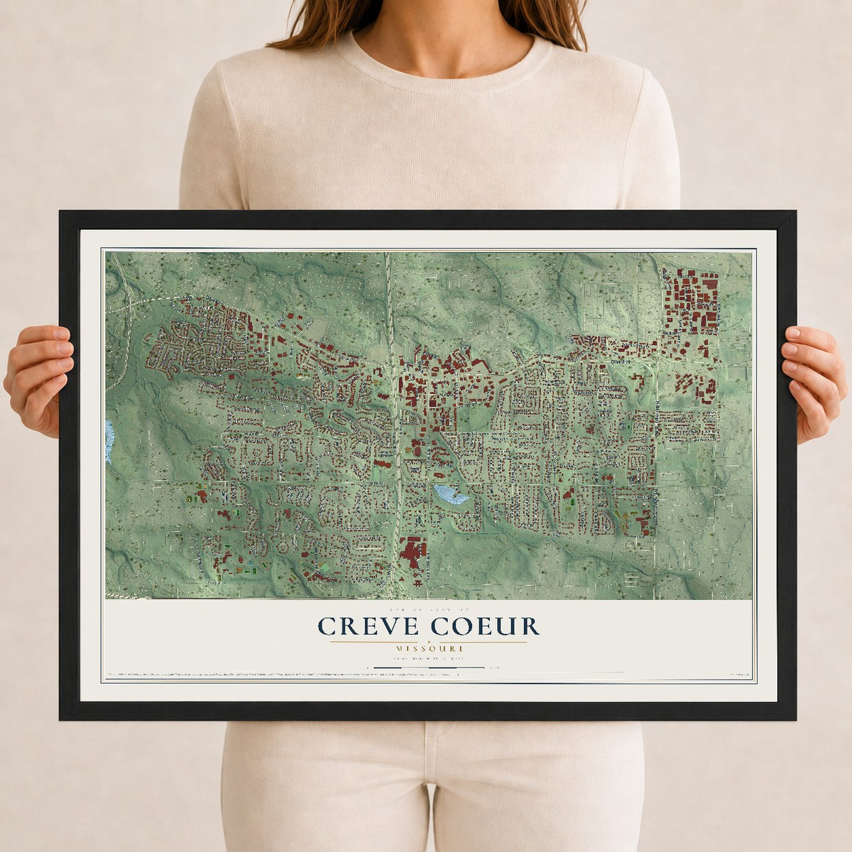 Map of Creve Coeur, Missouri, 12 x 18 inch print in a black wood frame