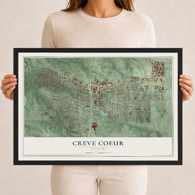 Map of Creve Coeur, Missouri, 12 x 18 inch print in a black wood frame