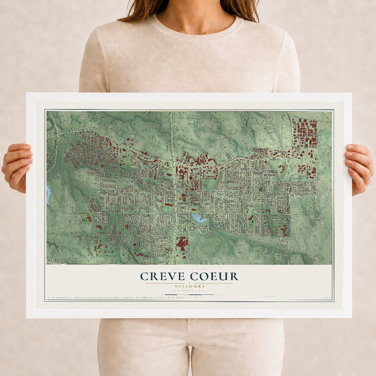Map of Creve Coeur, Missouri, 12 x 18 inch print in a white wood frame