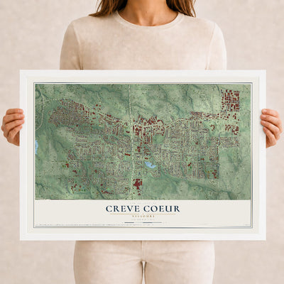 Map of Creve Coeur, Missouri, 12 x 18 inch print in a white wood frame