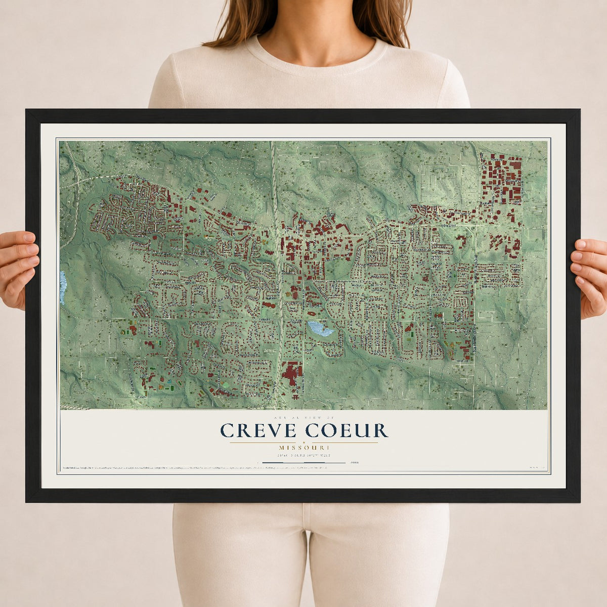 Map of Creve Coeur, Missouri, 18 x 24 inch print in a black wood frame
