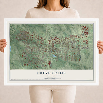 Map of Creve Coeur, Missouri, 18 x 24 inch print in a white wood frame