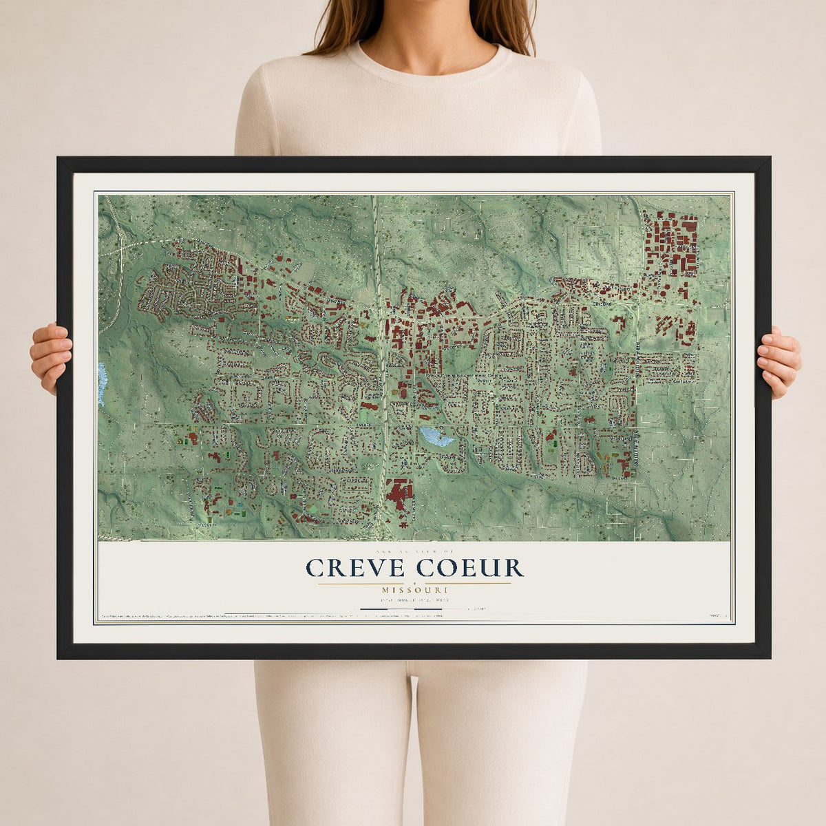 Map of Creve Coeur, Missouri, 24 x 36 inch print in a black wood frame