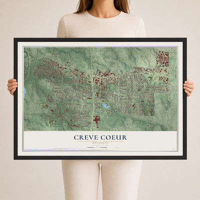Map of Creve Coeur, Missouri, 24 x 36 inch print in a black wood frame