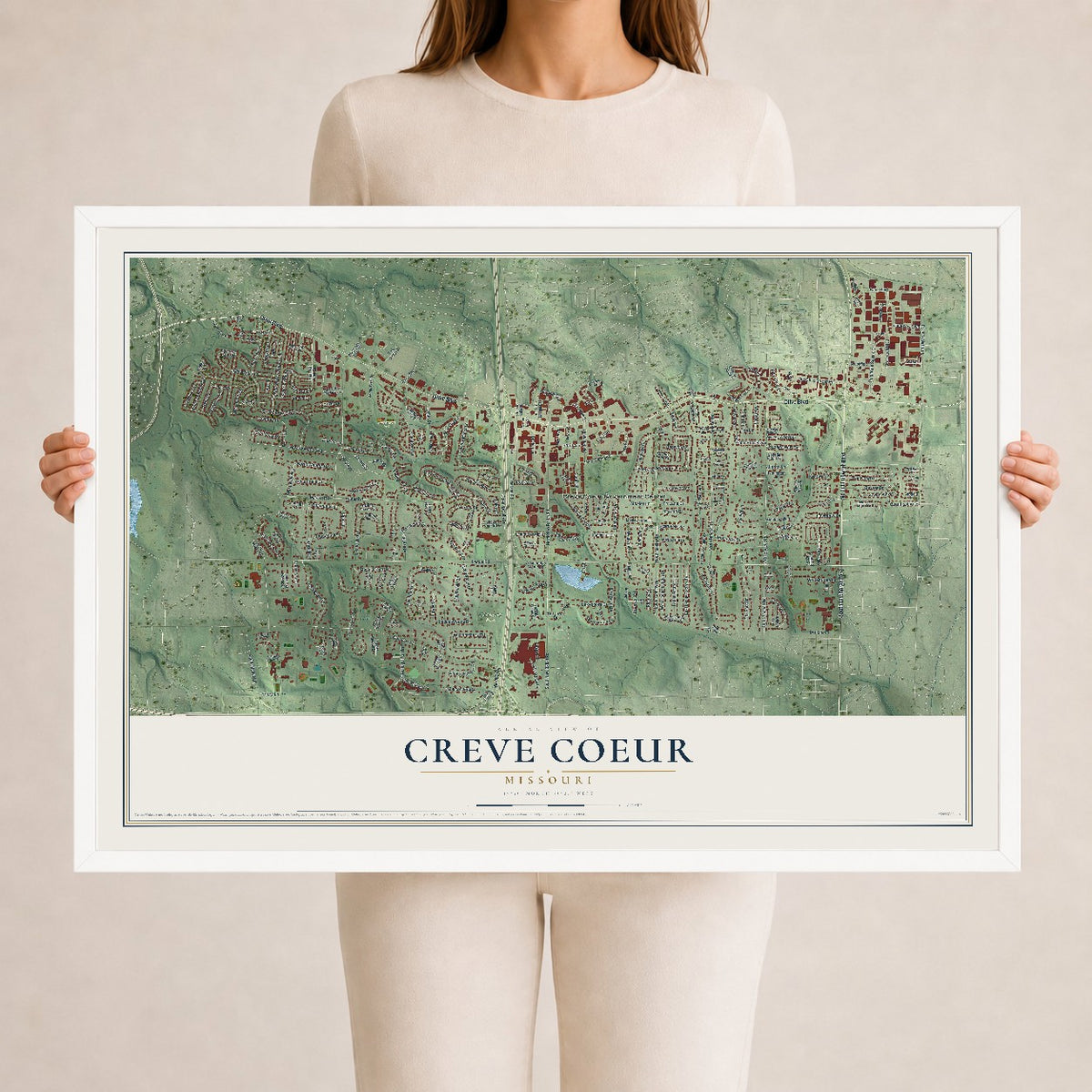 Map of Creve Coeur, Missouri, 24 x 36 inch print in a white wood frame