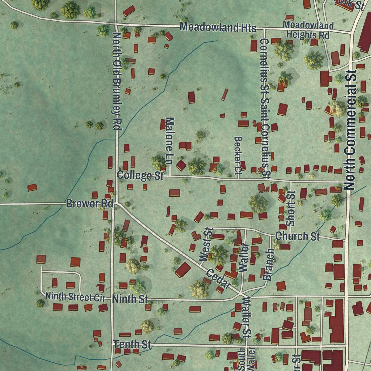 Close-up of the map of Crocker, Missouri print showing street and building detail