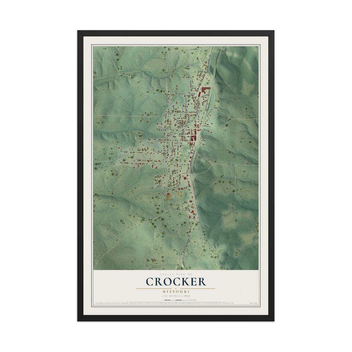 Map of Crocker, Missouri, 12 x 18 inch print in a black wood frame