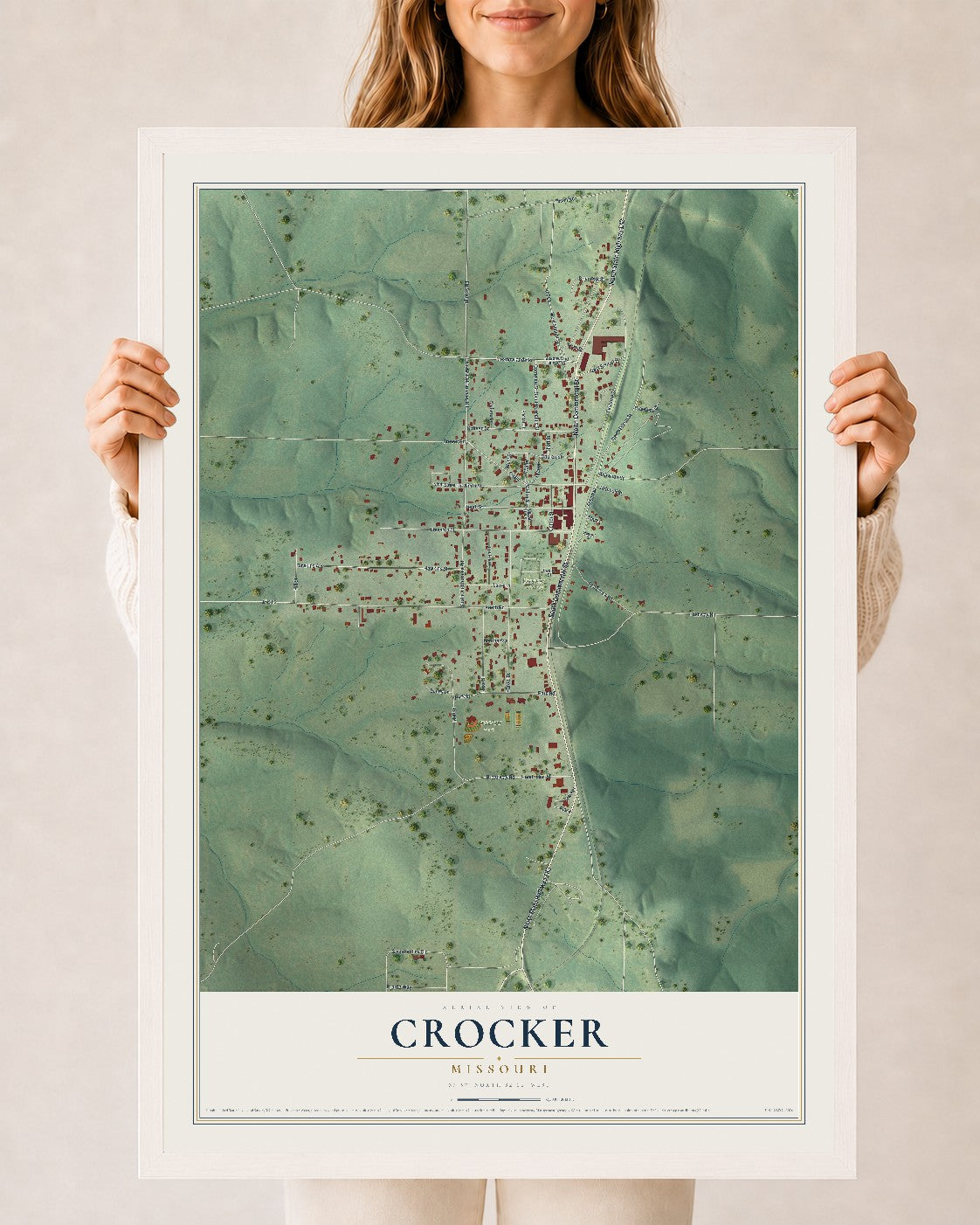 Map of Crocker, Missouri, 24 x 36 inch print in a white wood frame