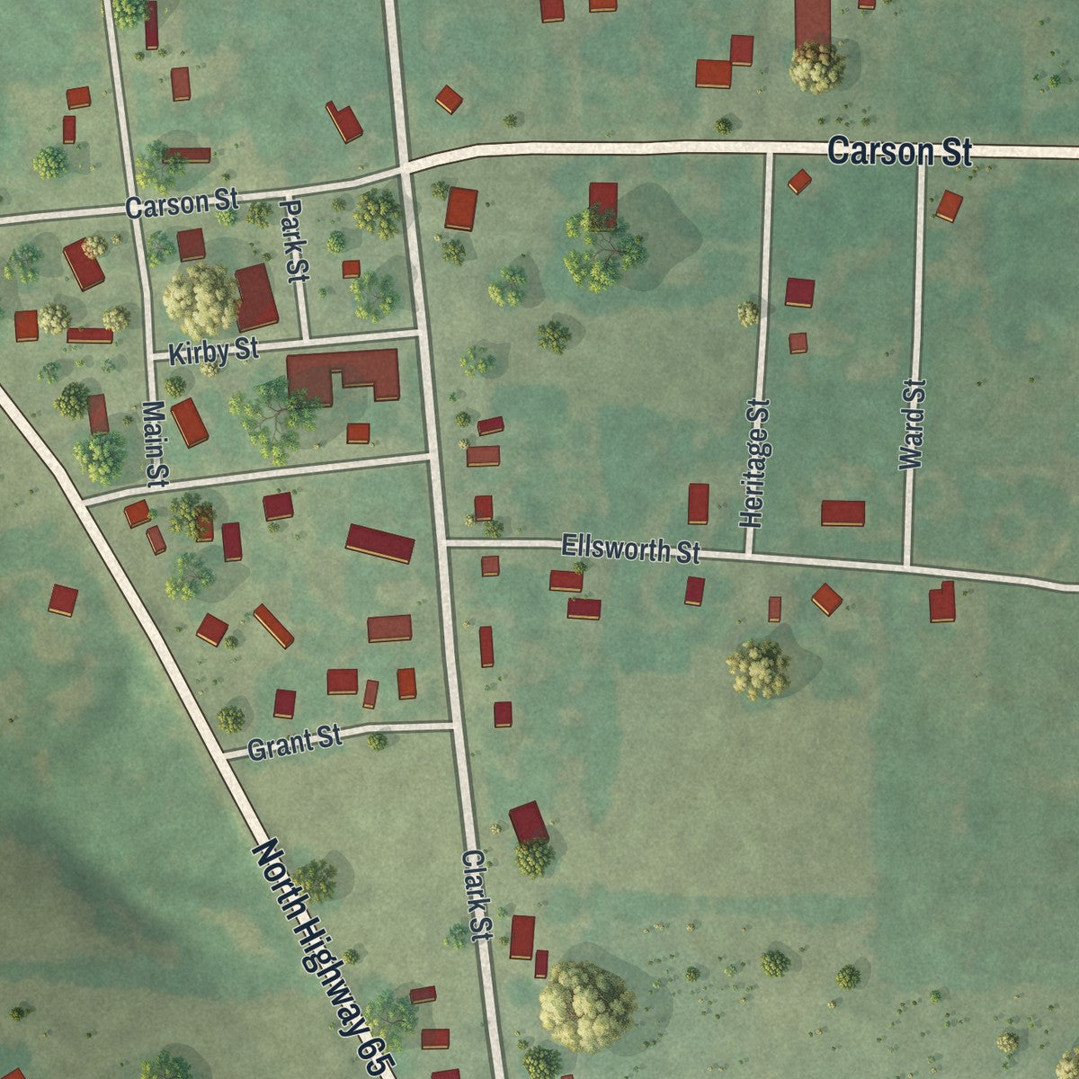 Close-up of the map of Cross Timbers, Missouri print showing street and building detail