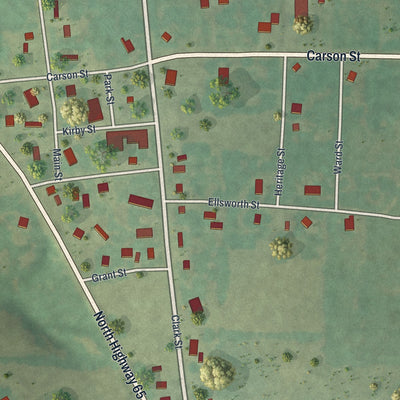 Close-up of the map of Cross Timbers, Missouri print showing street and building detail