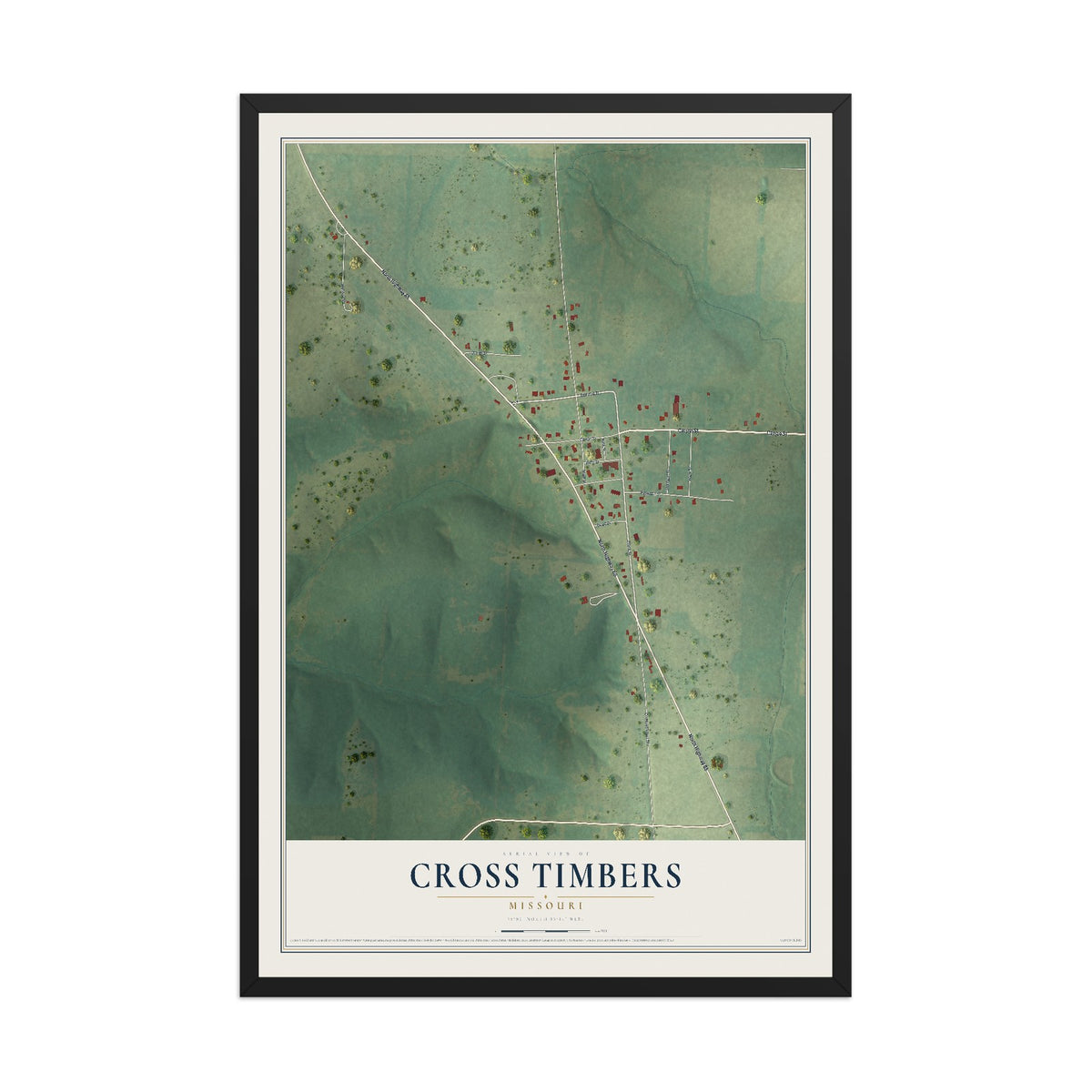 Map of Cross Timbers, Missouri, 12 x 18 inch print in a black wood frame