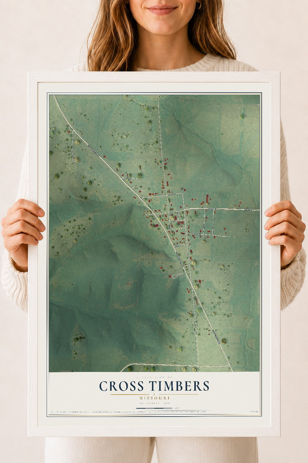 Map of Cross Timbers, Missouri, 18 x 24 inch print in a white wood frame