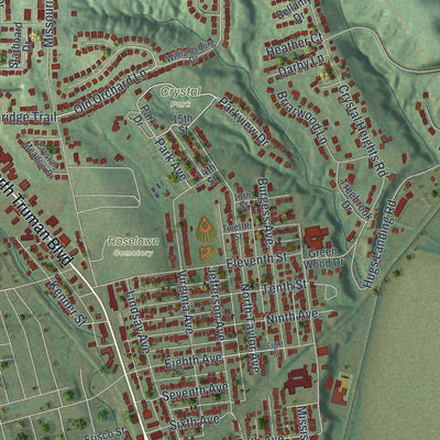 Close-up of the map of Crystal City, Missouri print showing street and building detail