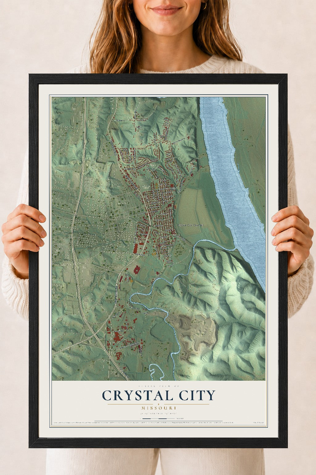 Map of Crystal City, Missouri, 18 x 24 inch print in a black wood frame