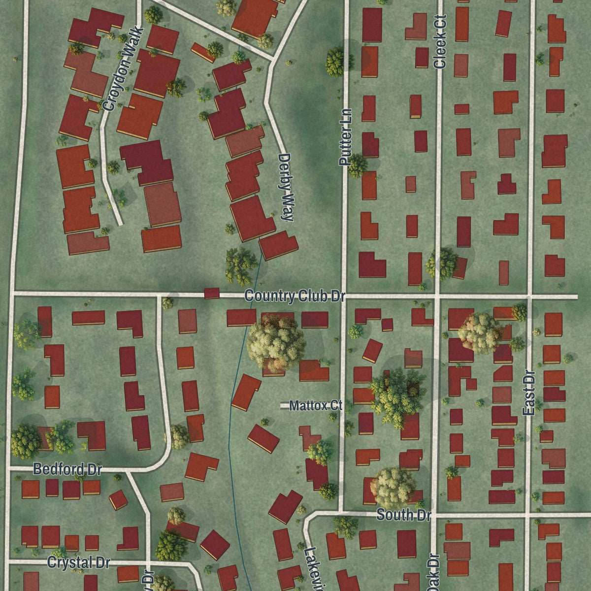 Close-up of the map of Crystal Lake Park, Missouri print showing street and building detail
