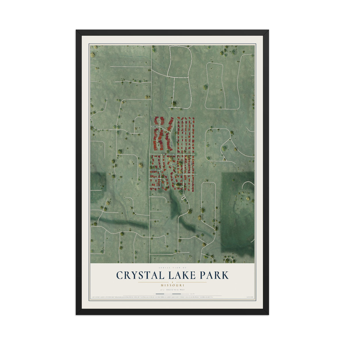 Map of Crystal Lake Park, Missouri, 12 x 18 inch print in a black wood frame