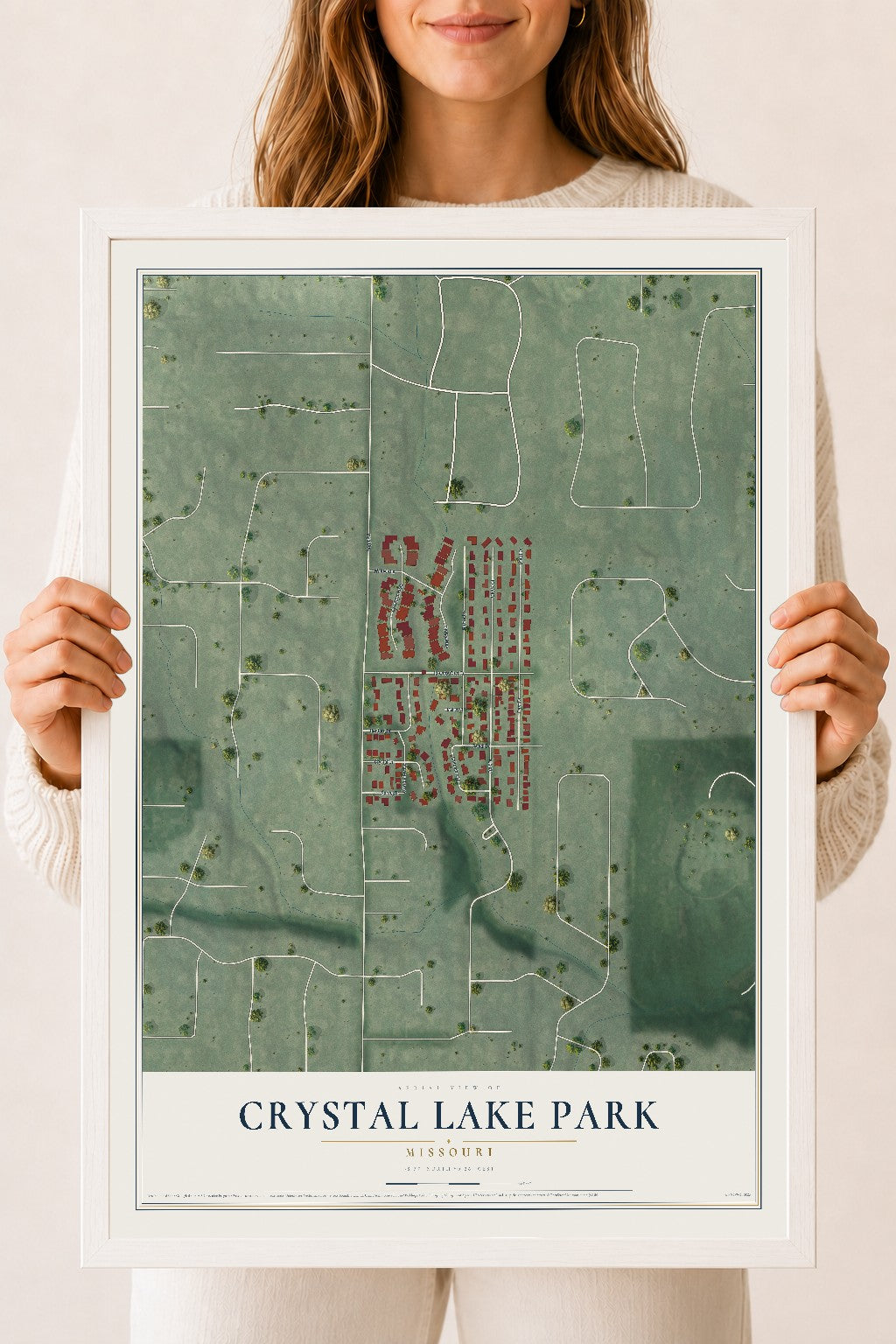 Map of Crystal Lake Park, Missouri, 18 x 24 inch print in a white wood frame