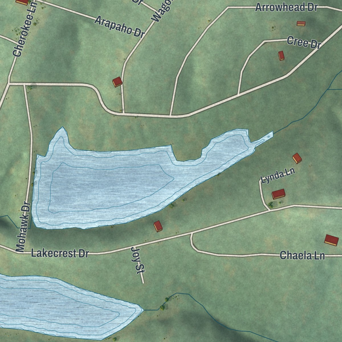Second close-up of the map of Crystal Lakes, Missouri print showing more streets and buildings