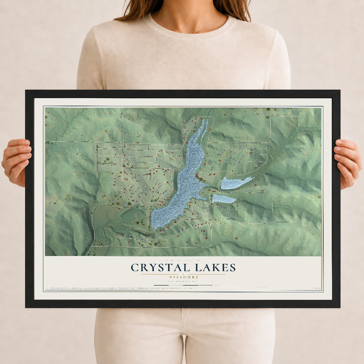 Map of Crystal Lakes, Missouri, 12 x 18 inch print in a black wood frame