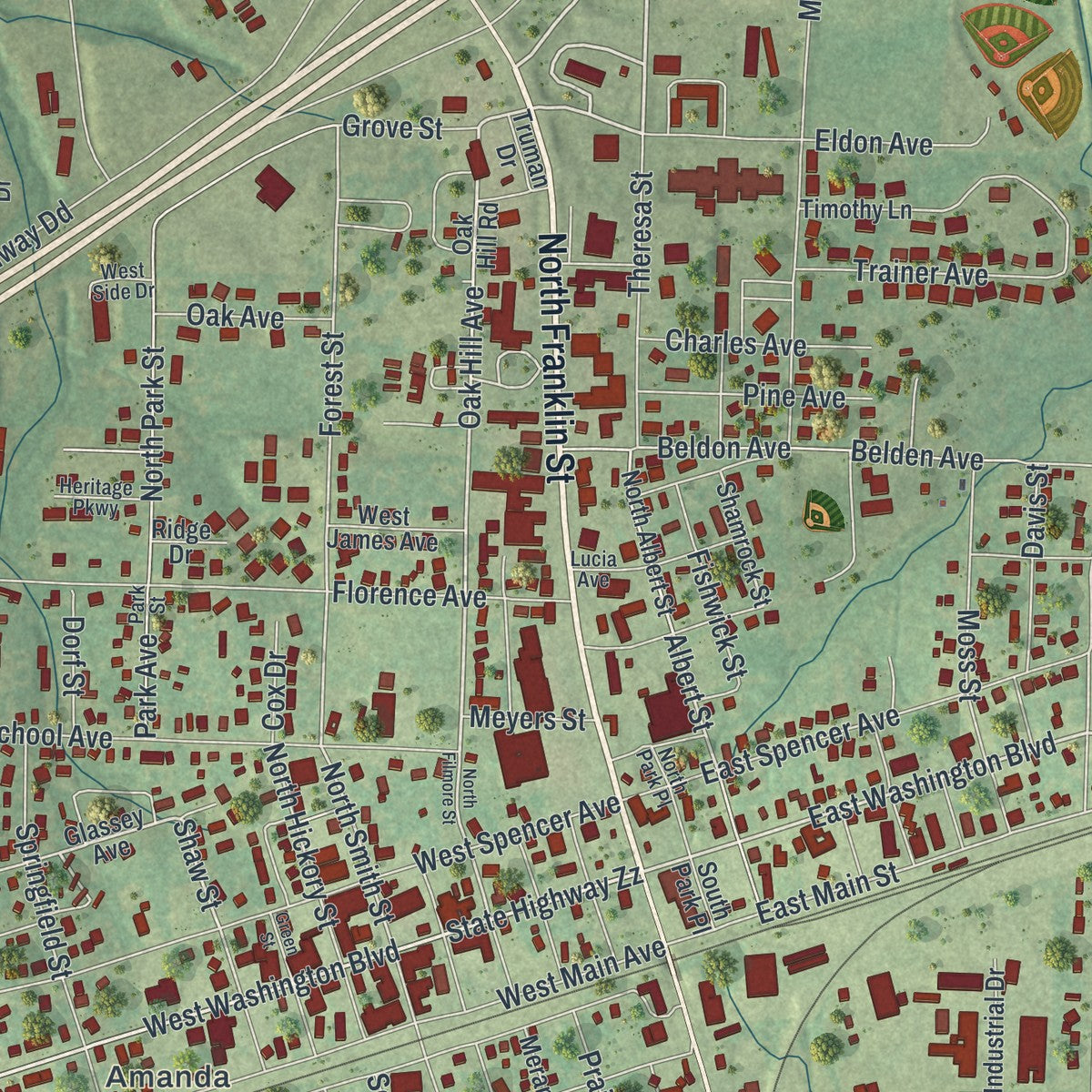 Close-up of the map of Cuba, Missouri print showing street and building detail