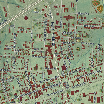 Close-up of the map of Cuba, Missouri print showing street and building detail
