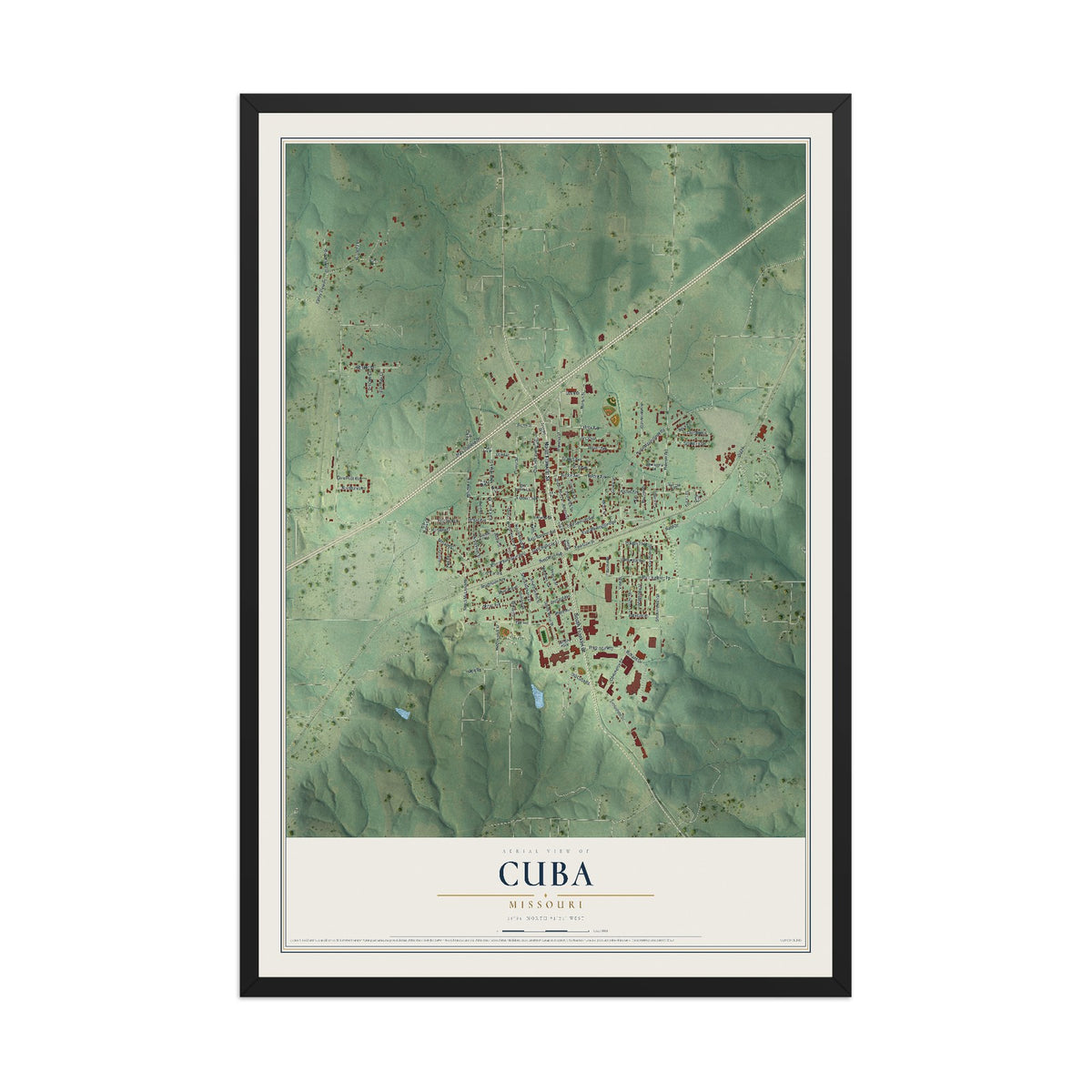 Map of Cuba, Missouri, 12 x 18 inch print in a black wood frame