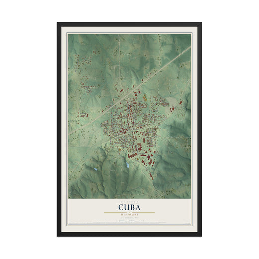 Map of Cuba, Missouri, 12 x 18 inch print in a black wood frame