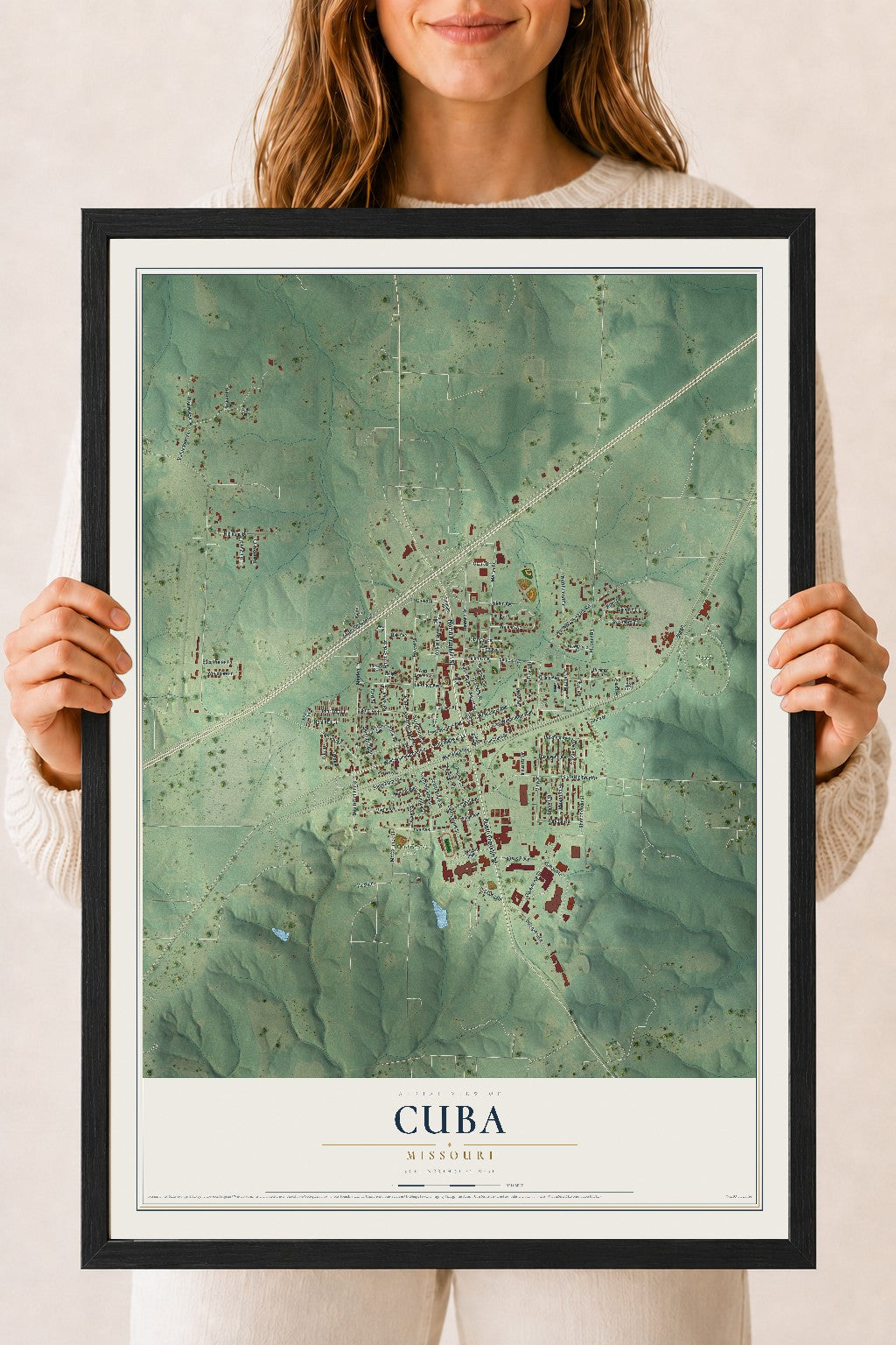 Map of Cuba, Missouri, 18 x 24 inch print in a black wood frame