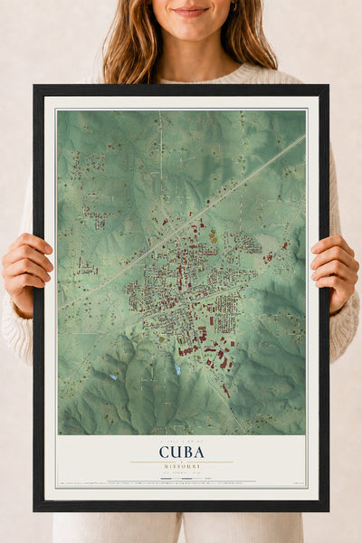 Map of Cuba, Missouri, 18 x 24 inch print in a black wood frame