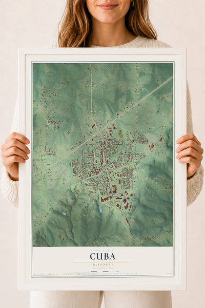 Map of Cuba, Missouri, 18 x 24 inch print in a white wood frame