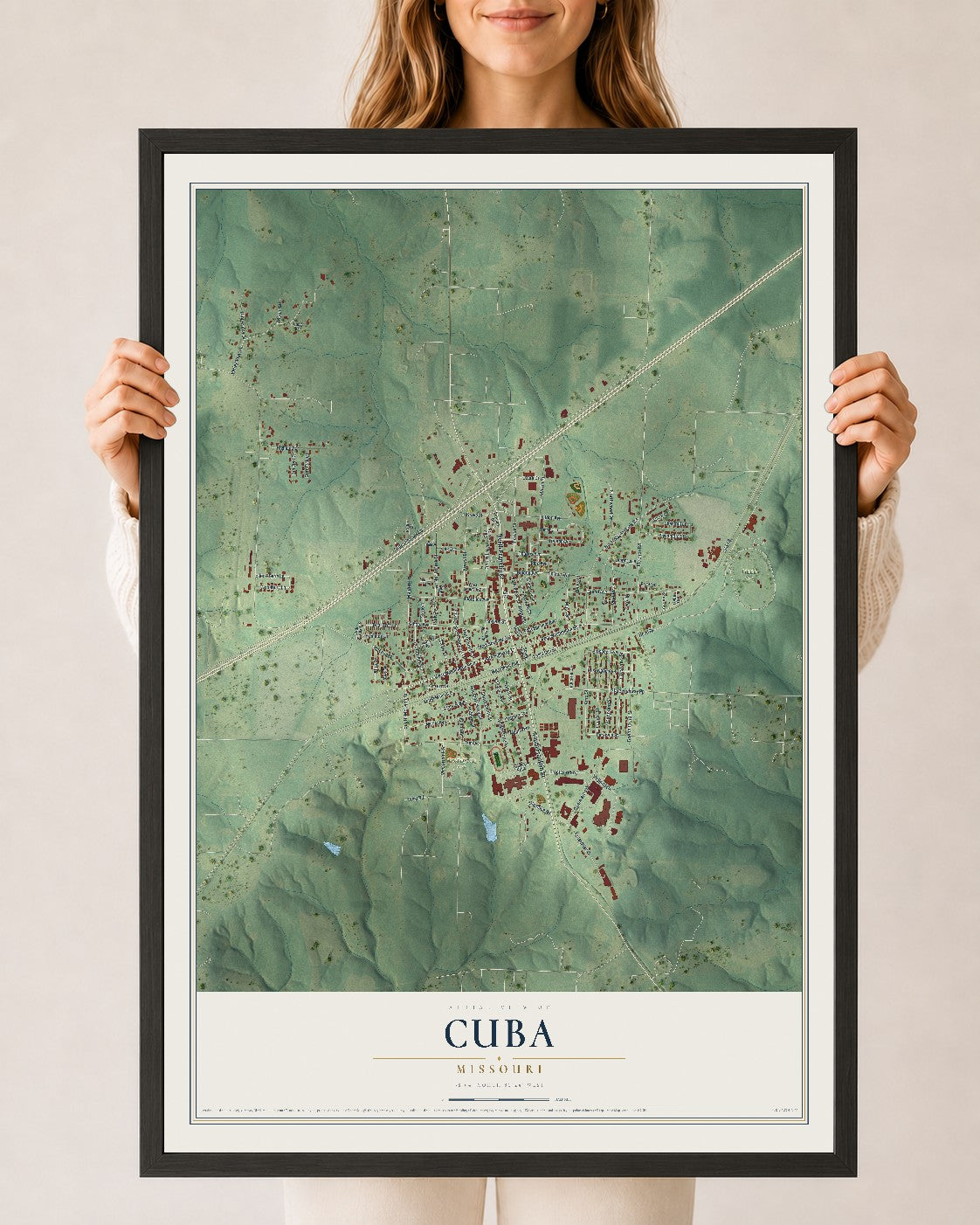 Map of Cuba, Missouri, 24 x 36 inch print in a black wood frame