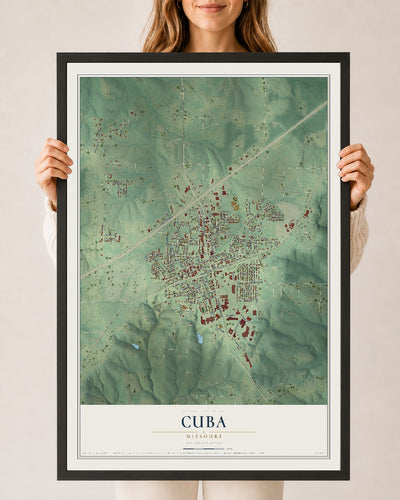 Map of Cuba, Missouri, 24 x 36 inch print in a black wood frame