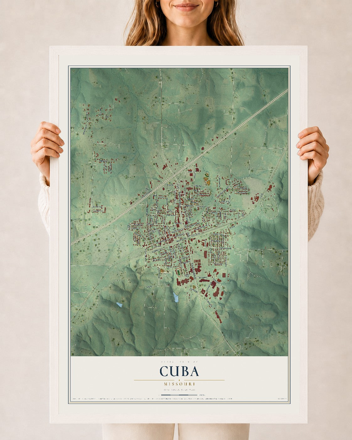 Map of Cuba, Missouri, 24 x 36 inch print in a white wood frame