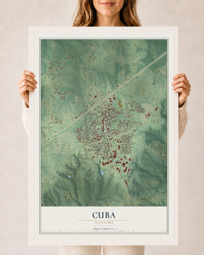 Map of Cuba, Missouri, 24 x 36 inch print in a white wood frame