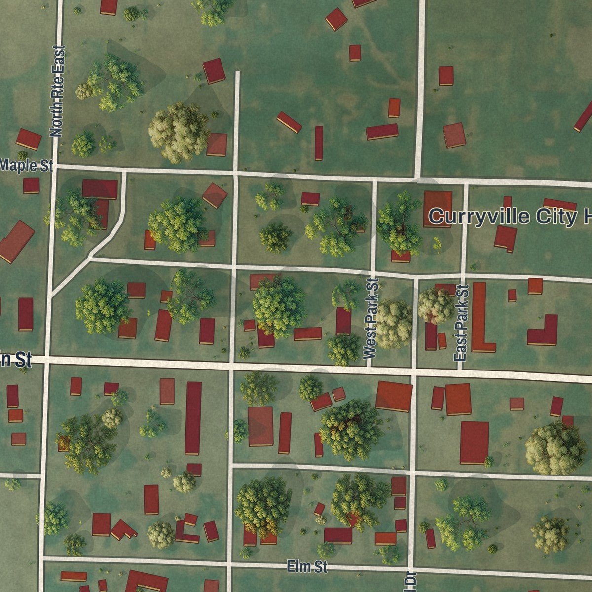 Close-up of the map of Curryville, Missouri print showing street and building detail