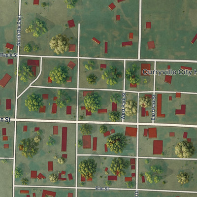Close-up of the map of Curryville, Missouri print showing street and building detail