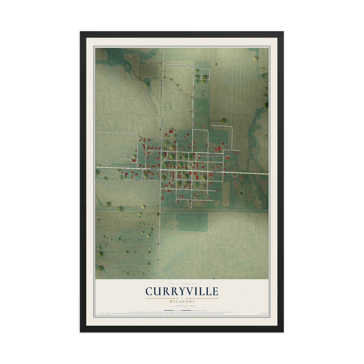 Map of Curryville, Missouri, 12 x 18 inch print in a black wood frame