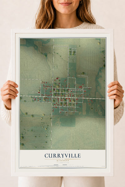 Map of Curryville, Missouri, 18 x 24 inch print in a white wood frame