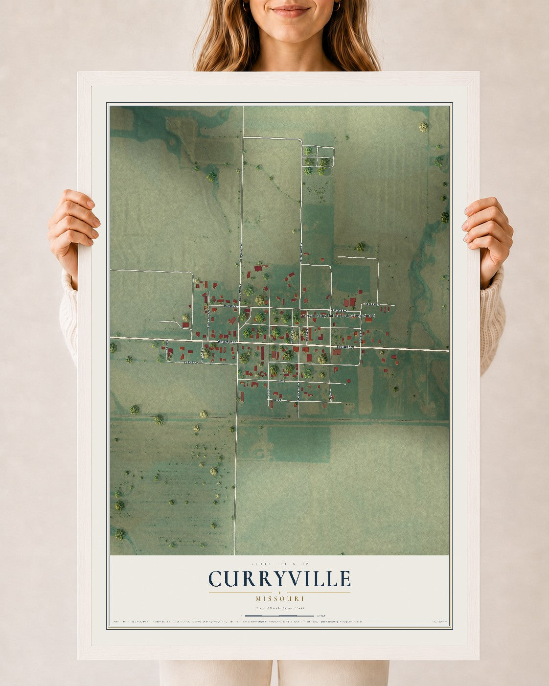 Map of Curryville, Missouri, 24 x 36 inch print in a white wood frame
