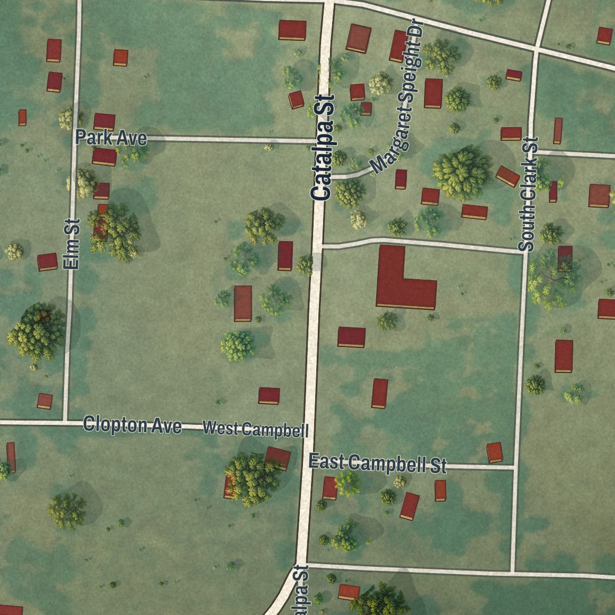 Close-up of the map of Dadeville, Missouri print showing street and building detail