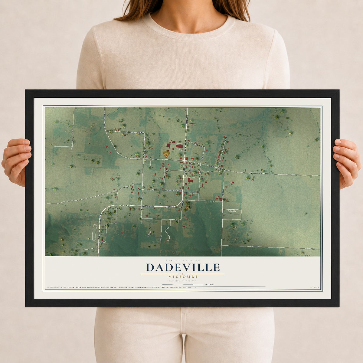 Map of Dadeville, Missouri, 12 x 18 inch print in a black wood frame