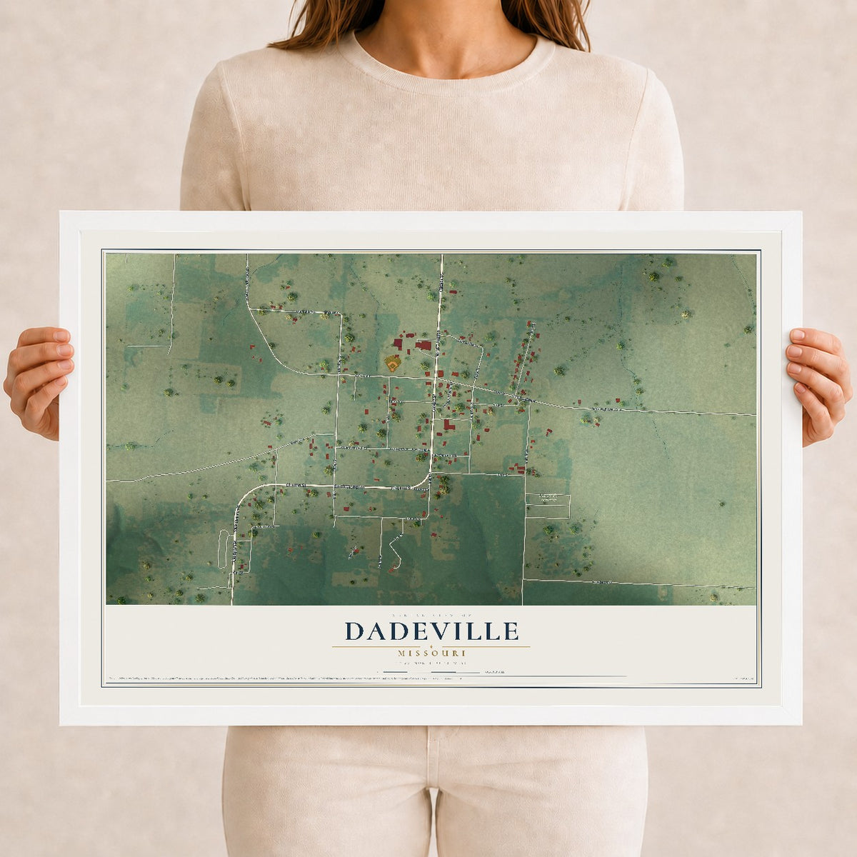 Map of Dadeville, Missouri, 12 x 18 inch print in a white wood frame