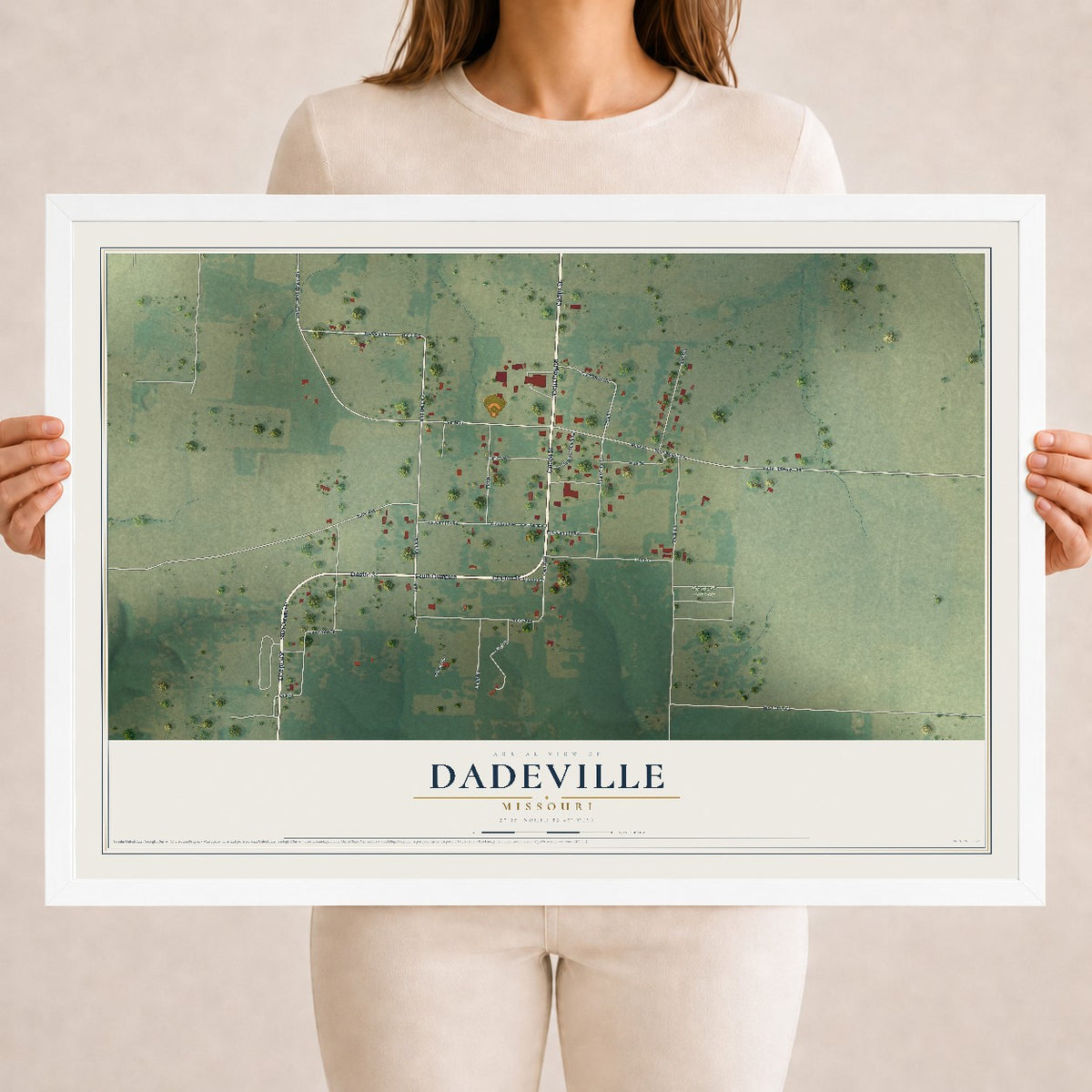 Map of Dadeville, Missouri, 18 x 24 inch print in a white wood frame