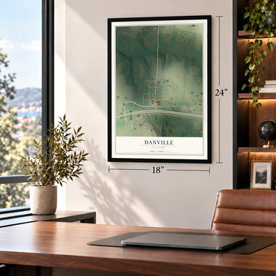 Danville, Missouri map, 18 x 24 inch print in a black frame in a home office