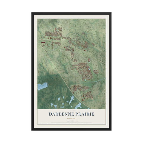 Map of Dardenne Prairie, Missouri, 12 x 18 inch print in a black wood frame