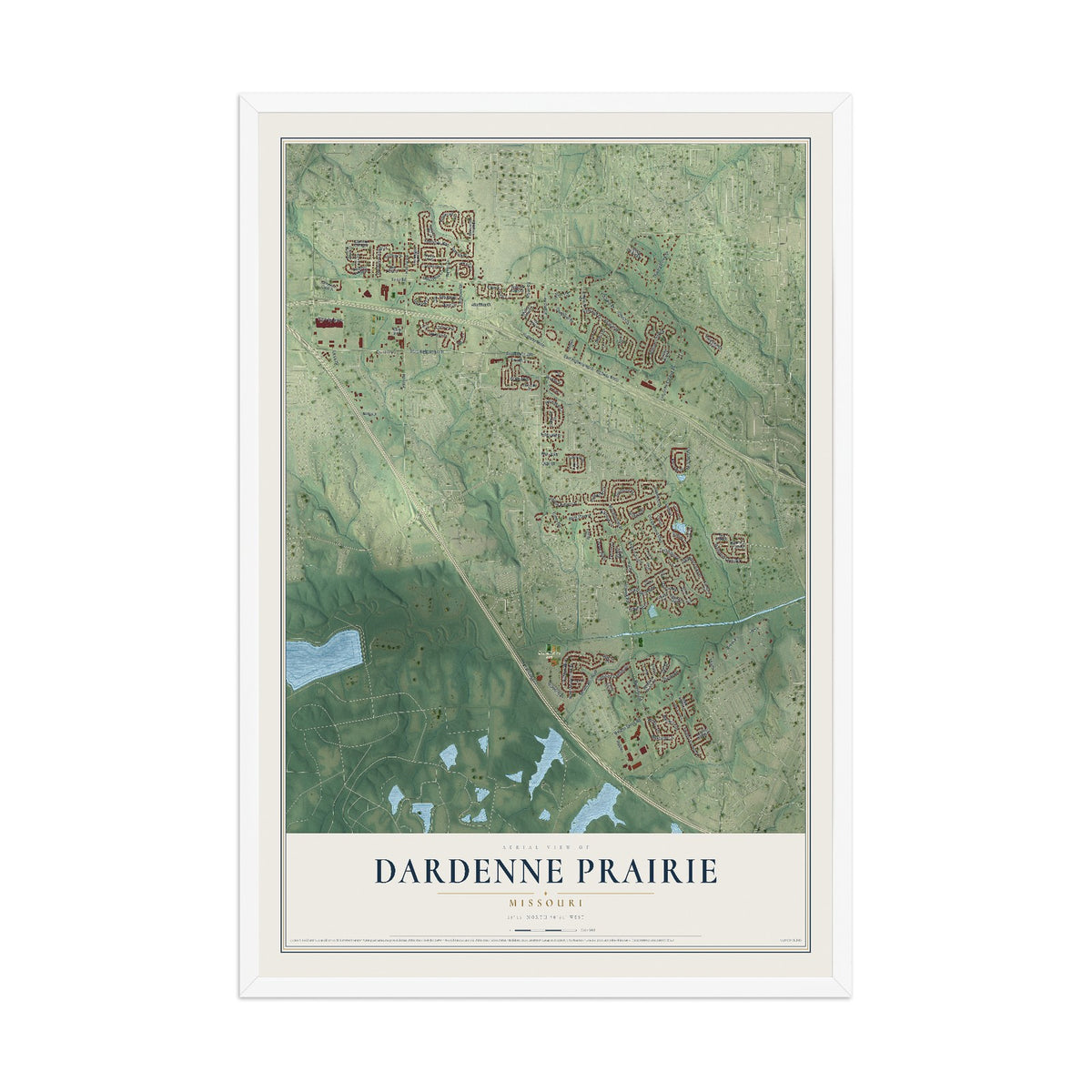 Map of Dardenne Prairie, Missouri, 12 x 18 inch print in a white wood frame