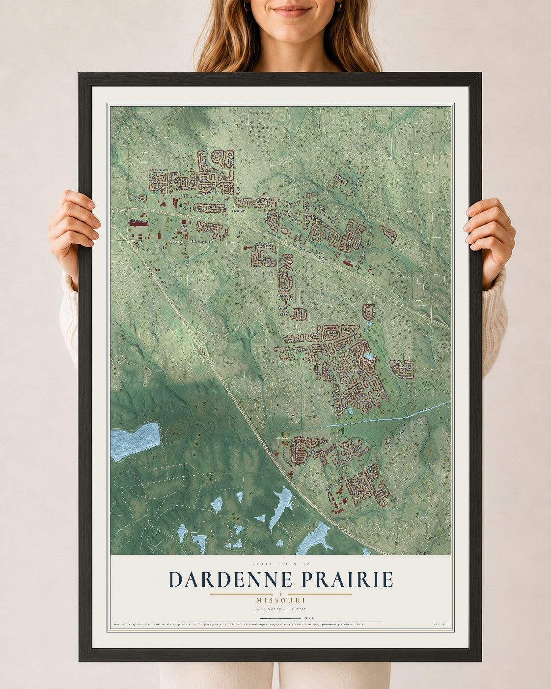 Map of Dardenne Prairie, Missouri, 24 x 36 inch print in a black wood frame
