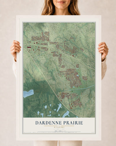 Map of Dardenne Prairie, Missouri, 24 x 36 inch print in a white wood frame