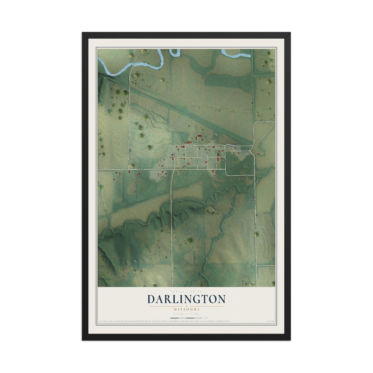 Map of Darlington, Missouri, 12 x 18 inch print in a black wood frame