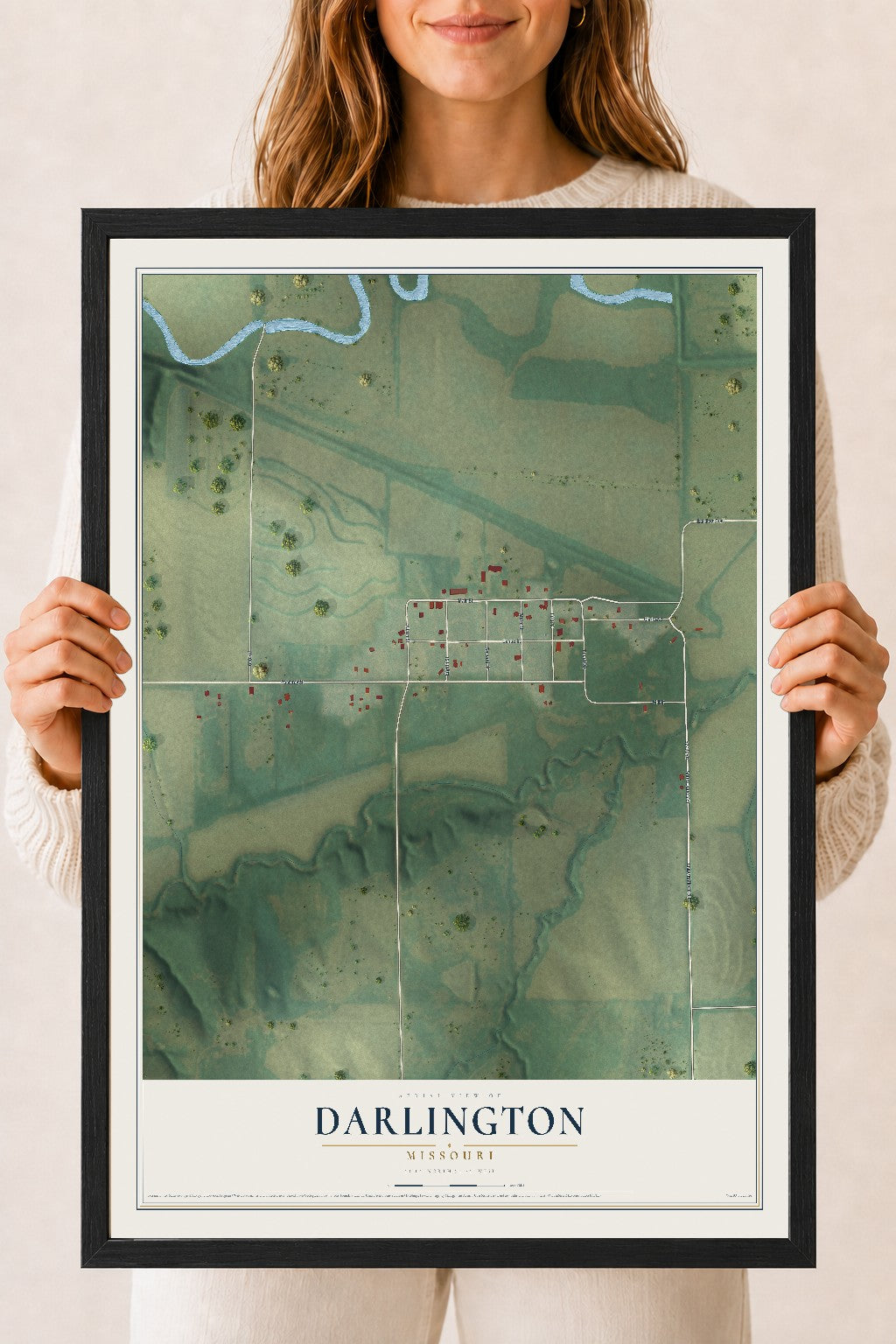Map of Darlington, Missouri, 18 x 24 inch print in a black wood frame